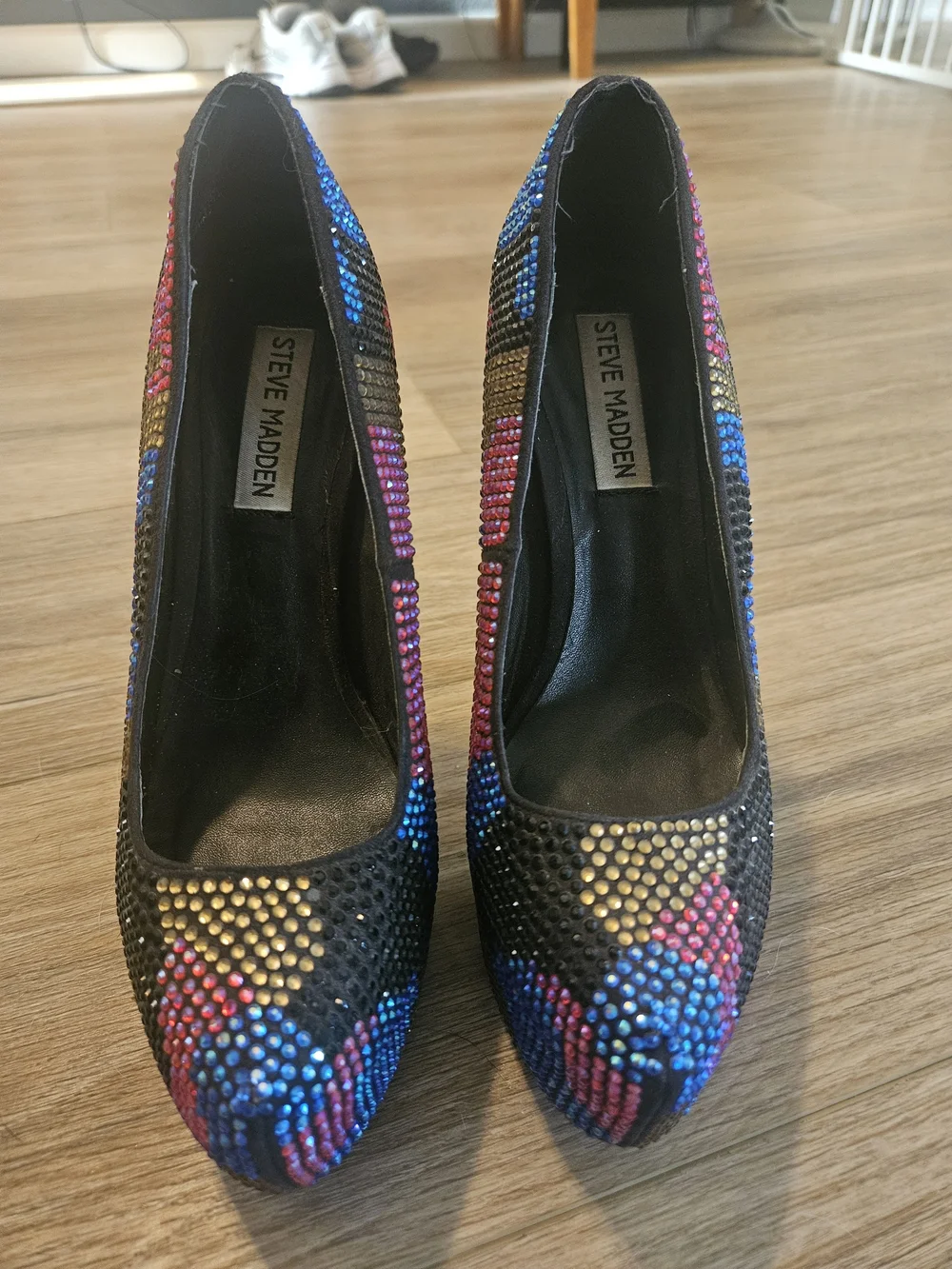 Steve Madden Rhinestone Black Heels with Blue, Pink & Gold Crystal Accents